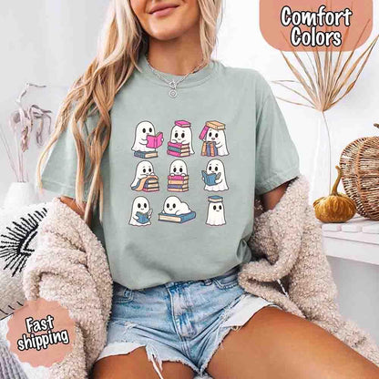 Ghost Reading Comfort Colors Shirt – Spooky Book Lover Halloween Tee - Starry Skies Austin
