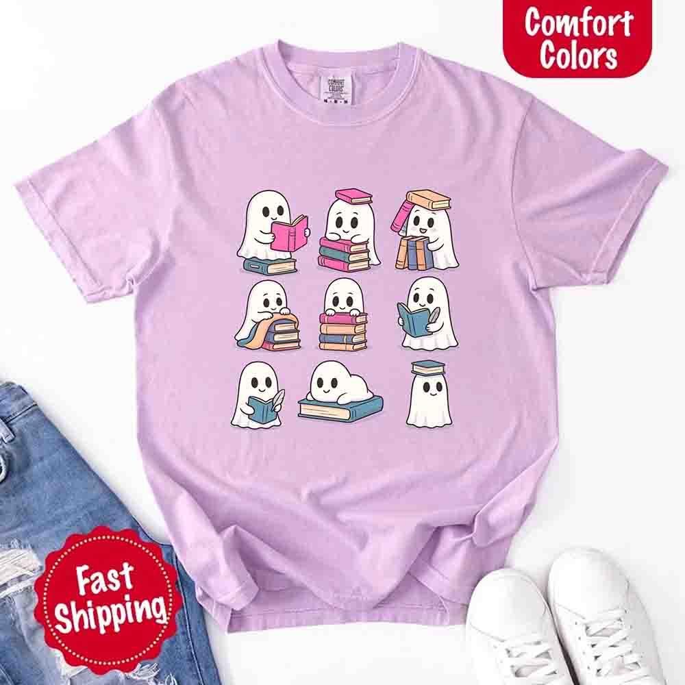 Ghost Reading Comfort Colors Shirt – Spooky Book Lover Halloween Tee - Starry Skies Austin