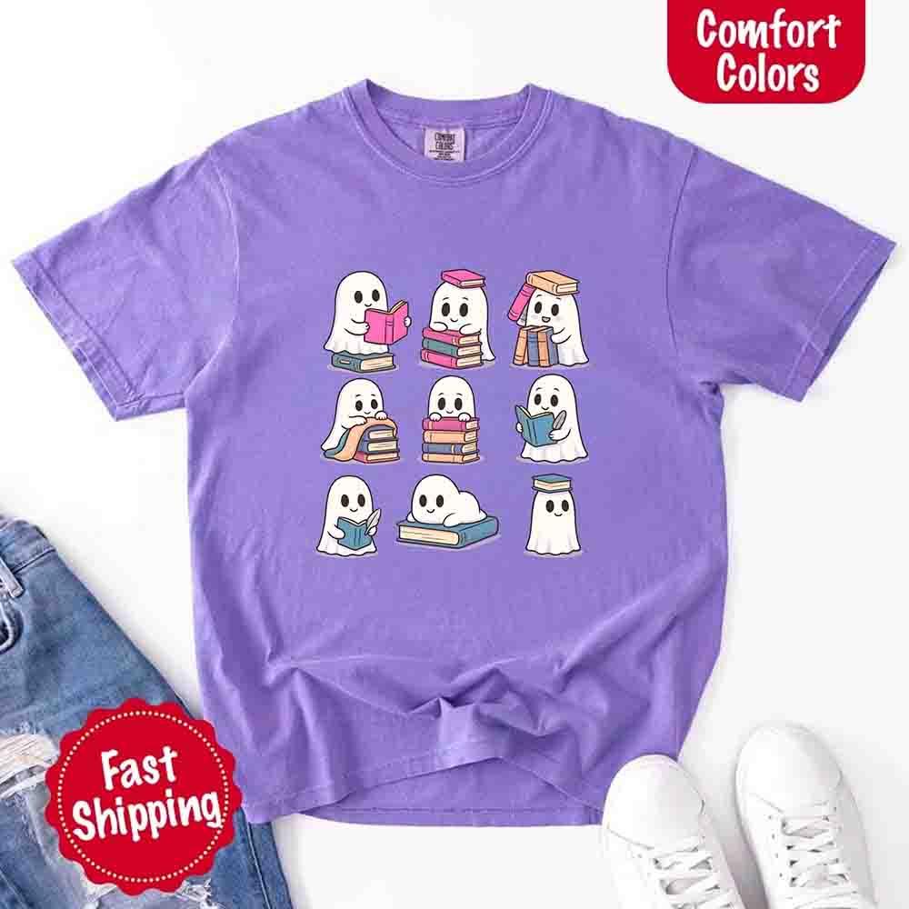 Ghost Reading Comfort Colors Shirt – Spooky Book Lover Halloween Tee - Starry Skies Austin
