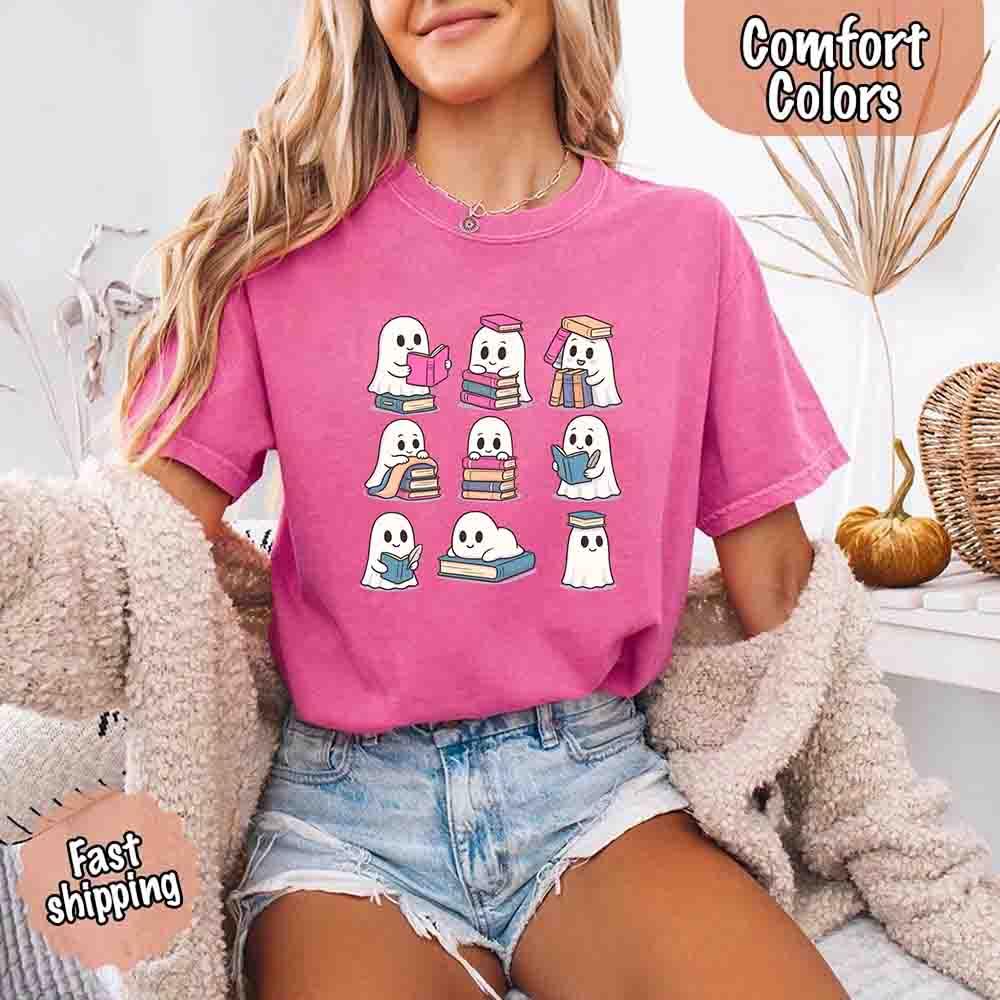 Ghost Reading Comfort Colors Shirt – Spooky Book Lover Halloween Tee - Starry Skies Austin