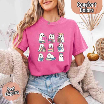 Ghost Reading Comfort Colors Shirt – Spooky Book Lover Halloween Tee - Starry Skies Austin