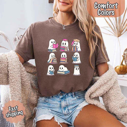 Ghost Reading Comfort Colors Shirt – Spooky Book Lover Halloween Tee - Starry Skies Austin
