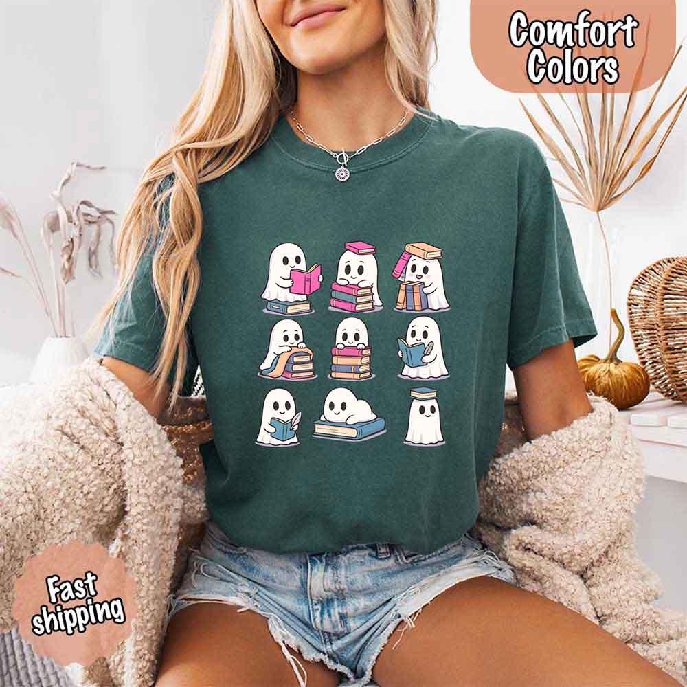 Ghost Reading Comfort Colors Shirt – Spooky Book Lover Halloween Tee - Starry Skies Austin