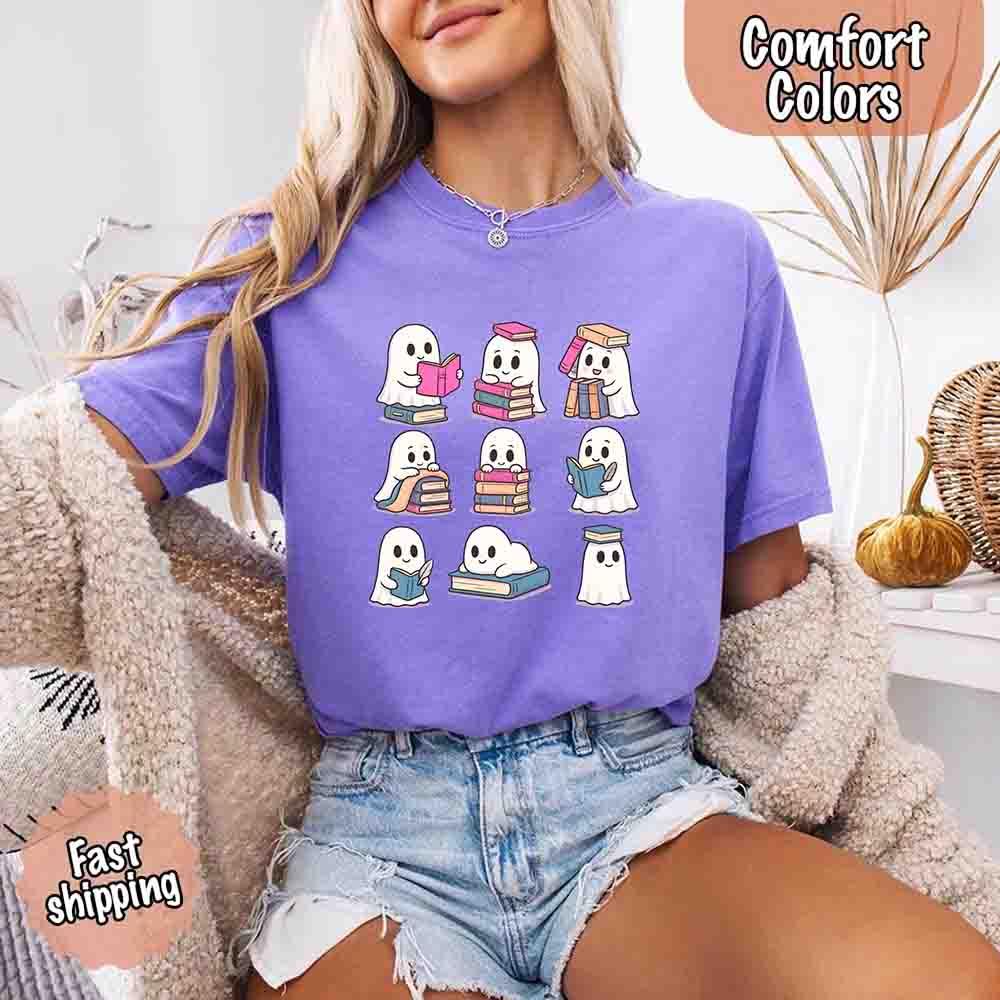 Ghost Reading Comfort Colors Shirt – Spooky Book Lover Halloween Tee - Starry Skies Austin