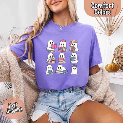 Ghost Reading Comfort Colors Shirt – Spooky Book Lover Halloween Tee - Starry Skies Austin