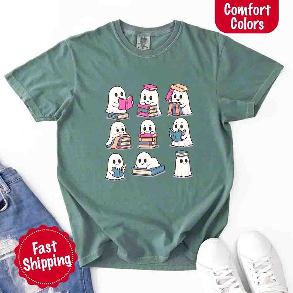 Ghost Reading Comfort Colors Shirt – Spooky Book Lover Halloween Tee - Starry Skies Austin