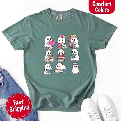 Ghost Reading Comfort Colors Shirt – Spooky Book Lover Halloween Tee - Starry Skies Austin