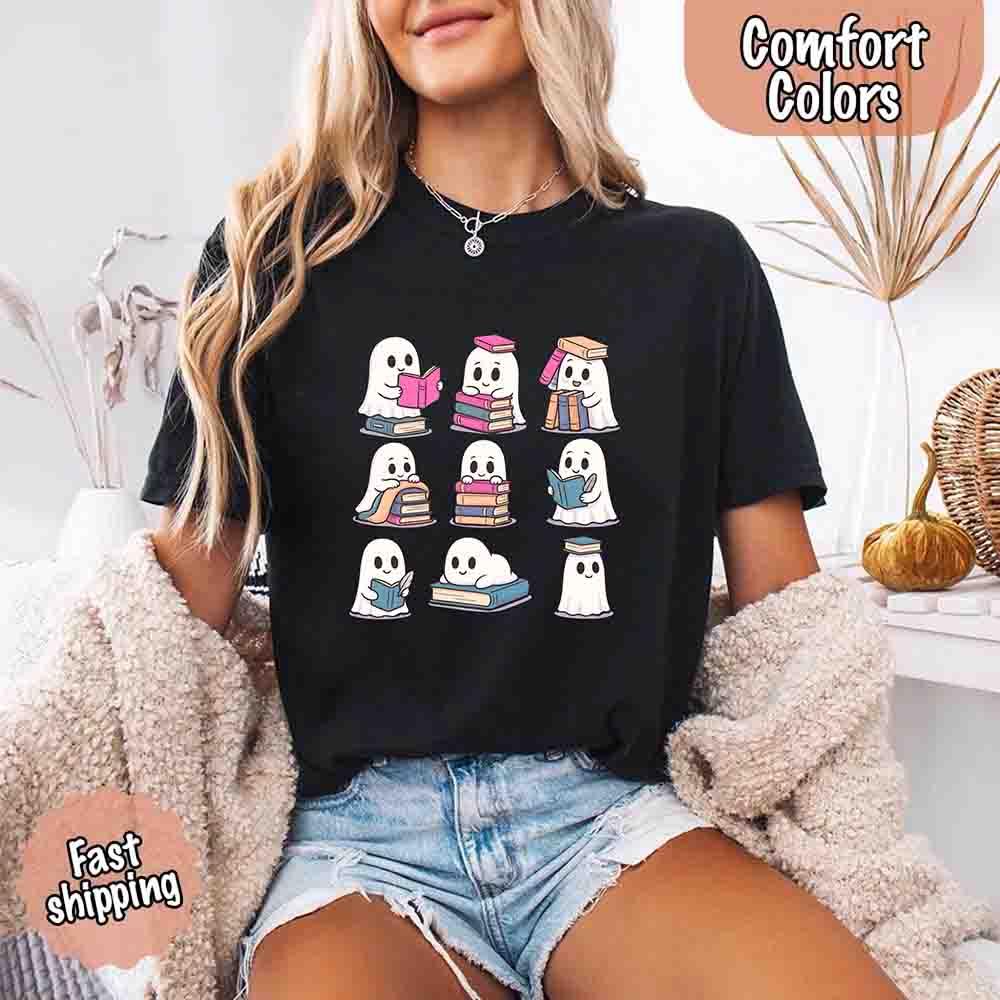 Ghost Reading Comfort Colors Shirt – Spooky Book Lover Halloween Tee - Starry Skies Austin