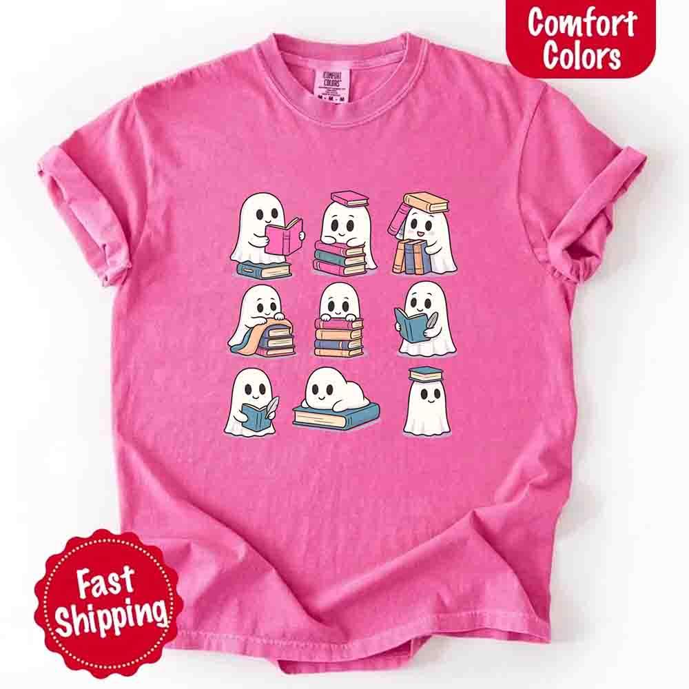 Ghost Reading Comfort Colors Shirt – Spooky Book Lover Halloween Tee - Starry Skies Austin