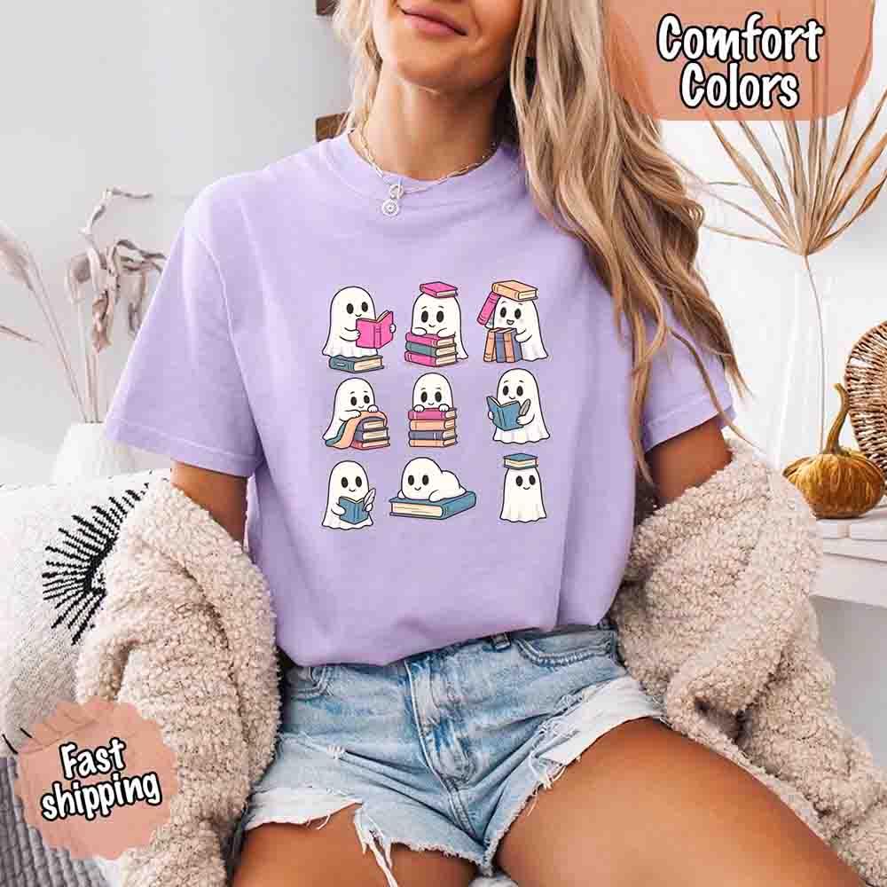 Ghost Reading Comfort Colors Shirt – Spooky Book Lover Halloween Tee - Starry Skies Austin