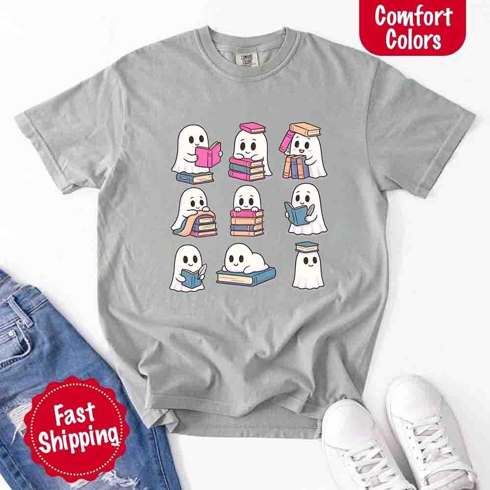 Ghost Reading Comfort Colors Shirt – Spooky Book Lover Halloween Tee - Starry Skies Austin