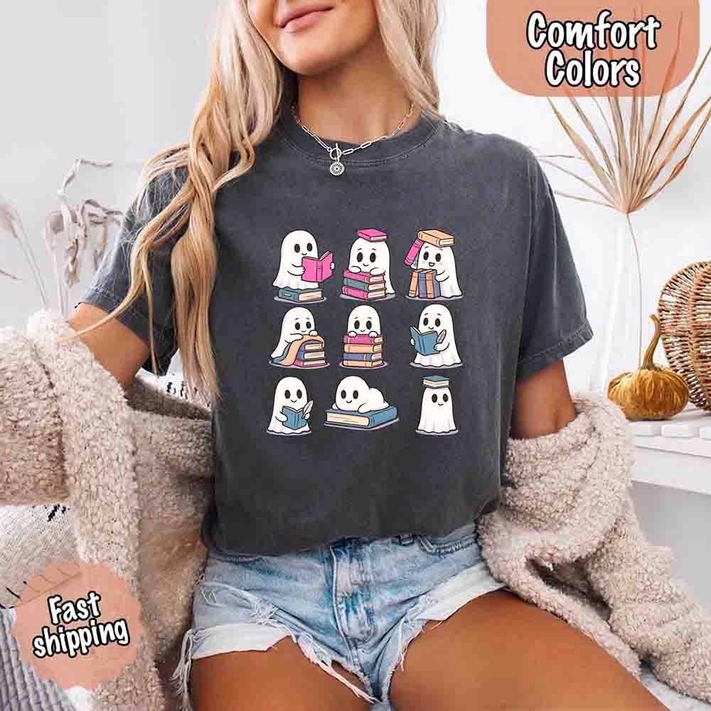 Ghost Reading Comfort Colors Shirt – Spooky Book Lover Halloween Tee - Starry Skies Austin