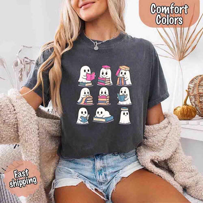 Ghost Reading Comfort Colors Shirt – Spooky Book Lover Halloween Tee - Starry Skies Austin