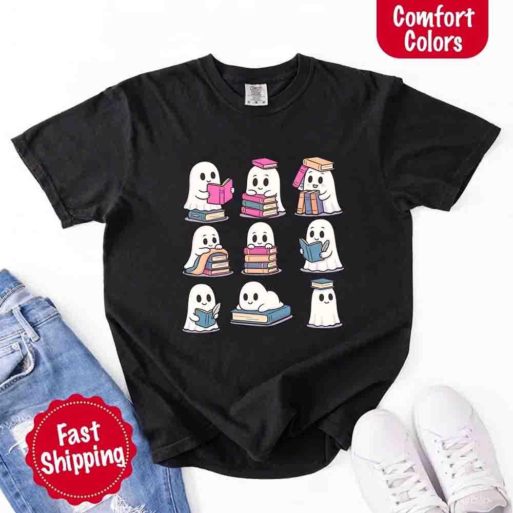 Ghost Reading Comfort Colors Shirt – Spooky Book Lover Halloween Tee - Starry Skies Austin