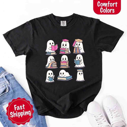 Ghost Reading Comfort Colors Shirt – Spooky Book Lover Halloween Tee - Starry Skies Austin