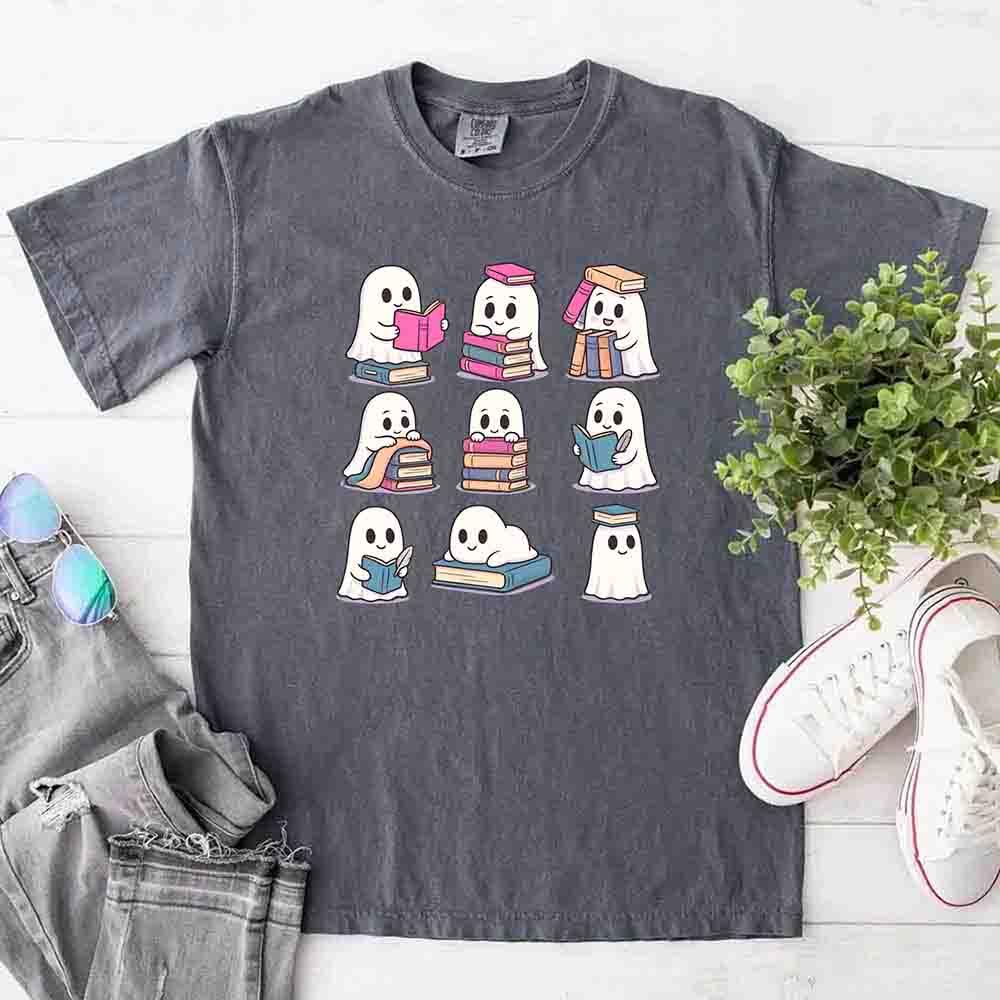 Ghost Reading Comfort Colors Shirt – Spooky Book Lover Halloween Tee - Starry Skies Austin