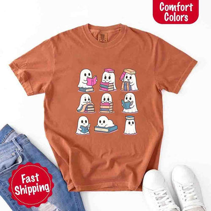 Ghost Reading Comfort Colors Shirt – Spooky Book Lover Halloween Tee - Starry Skies Austin