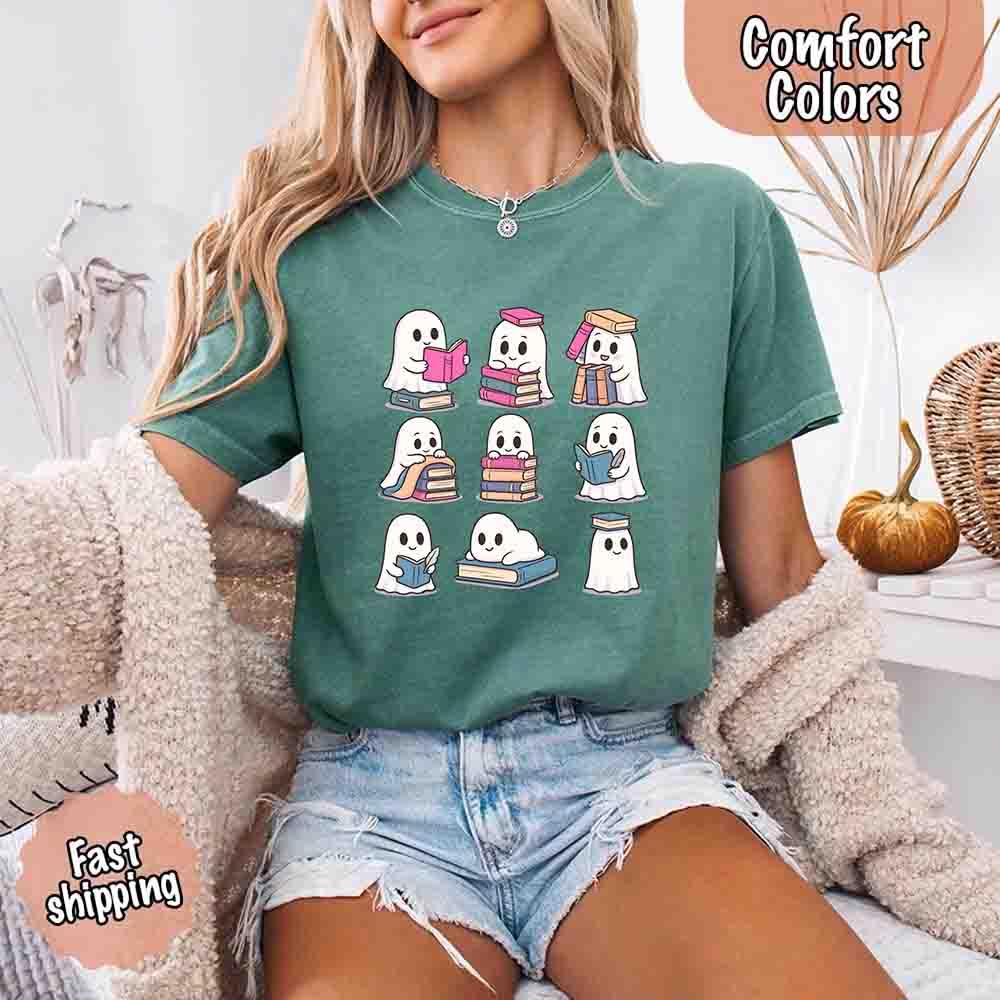 Ghost Reading Comfort Colors Shirt – Spooky Book Lover Halloween Tee - Starry Skies Austin