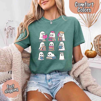 Ghost Reading Comfort Colors Shirt – Spooky Book Lover Halloween Tee - Starry Skies Austin