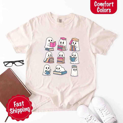Ghost Reading Comfort Colors Shirt – Spooky Book Lover Halloween Tee - Starry Skies Austin