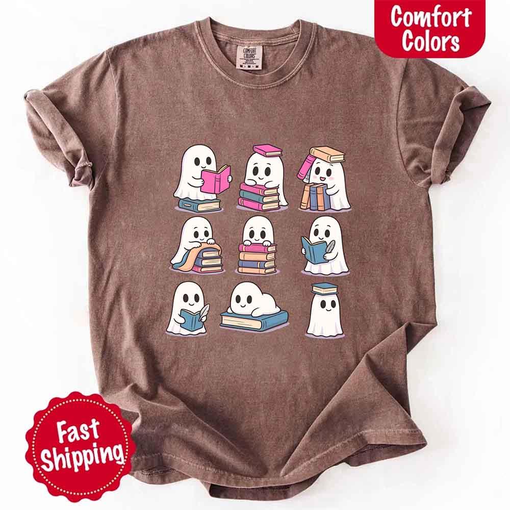 Ghost Reading Comfort Colors Shirt – Spooky Book Lover Halloween Tee - Starry Skies Austin