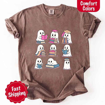 Ghost Reading Comfort Colors Shirt – Spooky Book Lover Halloween Tee - Starry Skies Austin
