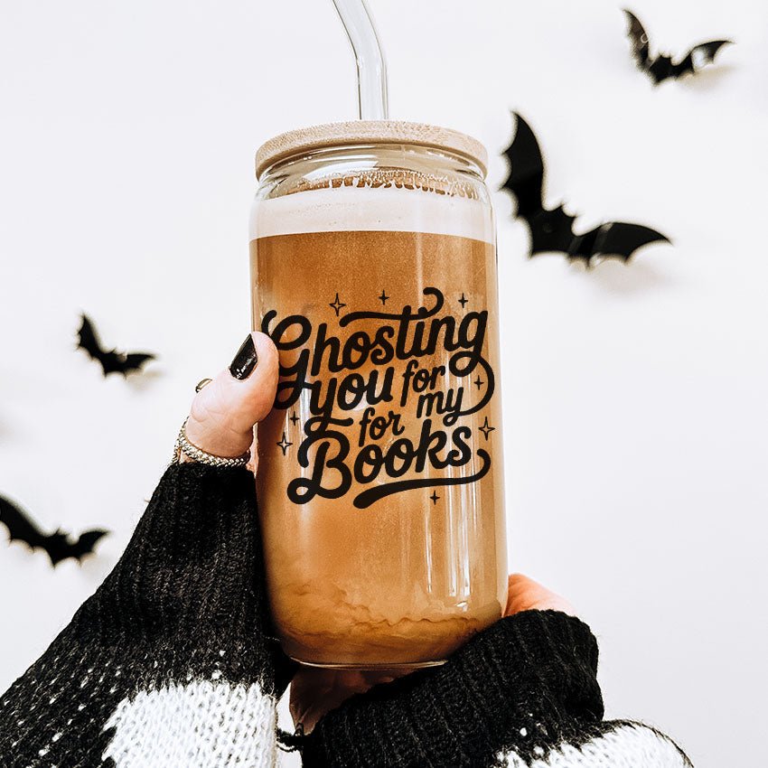 Ghosting You for My Books Clear Glass Cup with Bamboo Lid & Straw - Starry Skies Austin