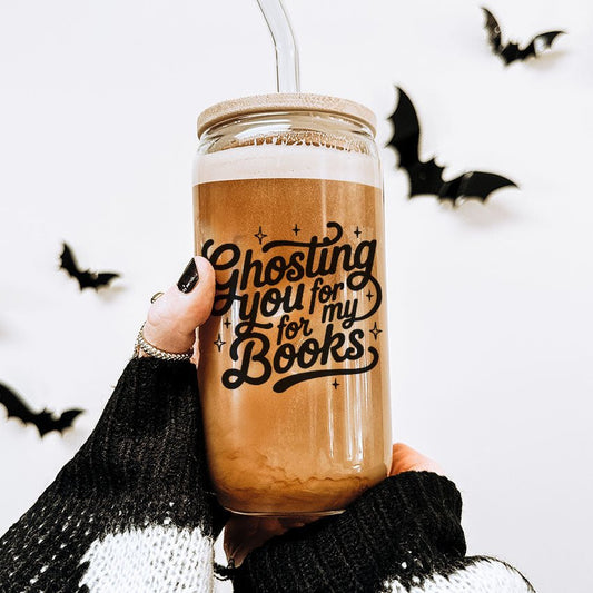 Ghosting You for My Books Clear Glass Cup with Bamboo Lid & Straw - Starry Skies Austin