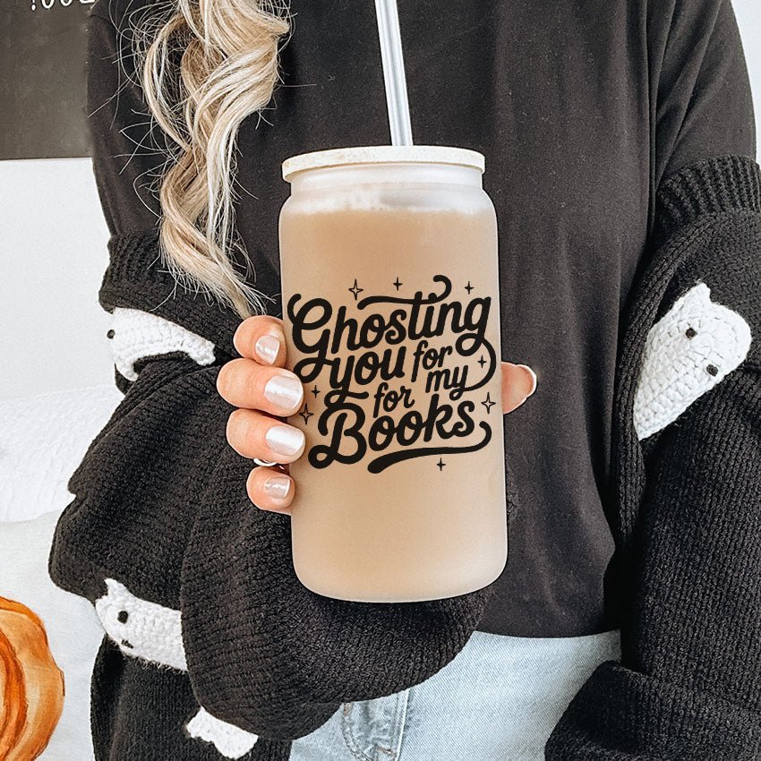 Ghosting You for My Books Frosted Glass Cup with Bamboo Lid & Straw - Starry Skies Austin