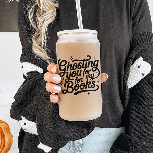 Ghosting You for My Books Frosted Glass Cup with Bamboo Lid & Straw - Starry Skies Austin