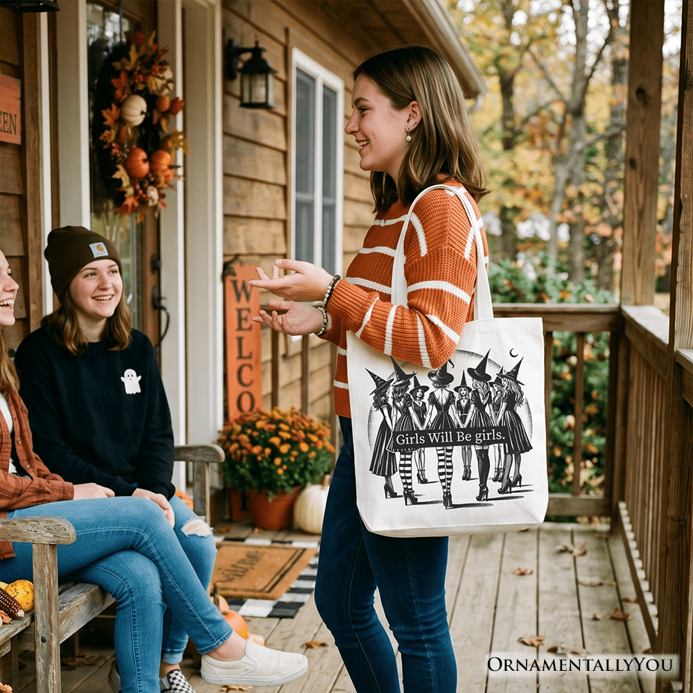 Girls Will Be Girls Tote Bag, Witchy Halloween Gift Shopper for Empowered Women - Starry Skies Austin