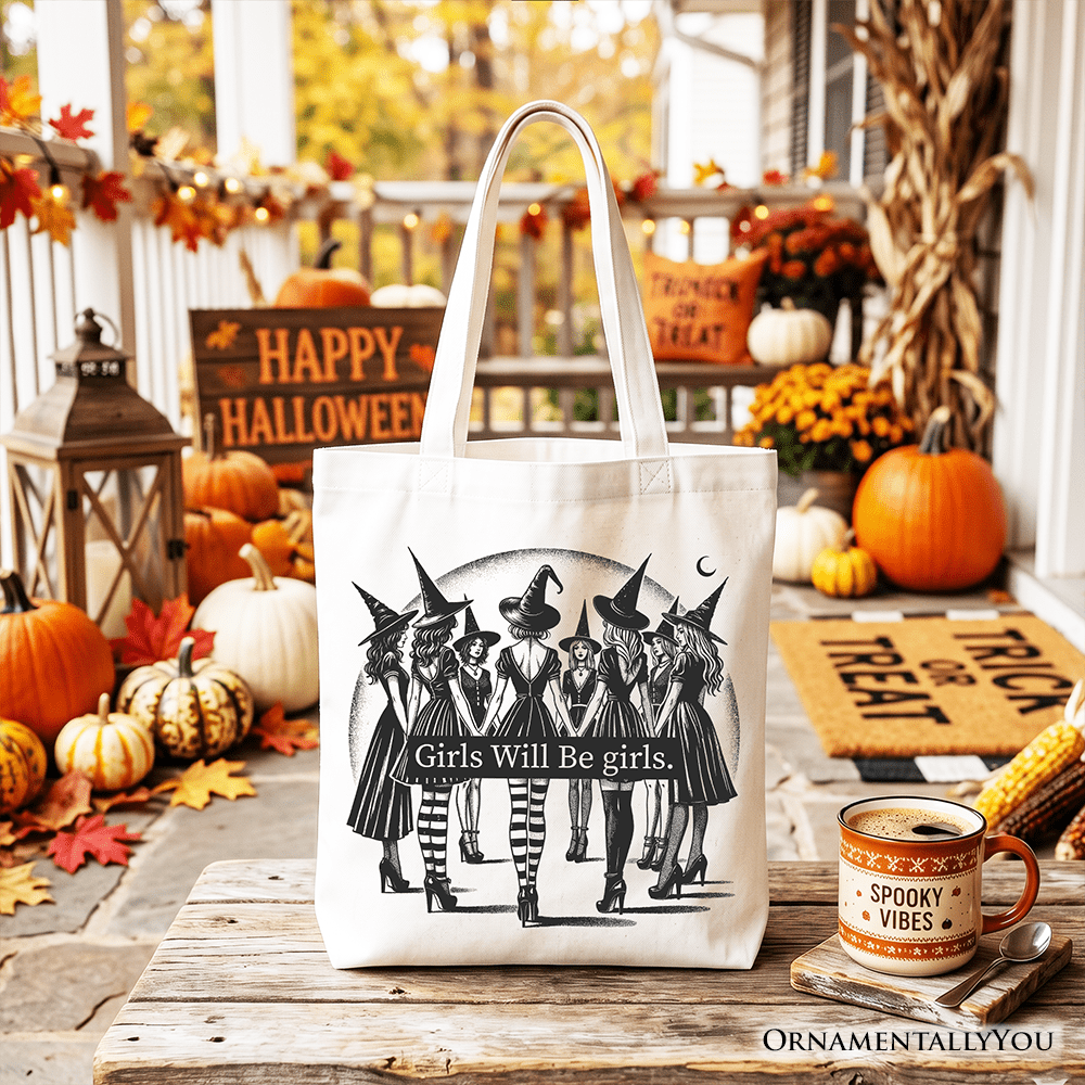 Girls Will Be Girls Tote Bag, Witchy Halloween Gift Shopper for Empowered Women - Starry Skies Austin