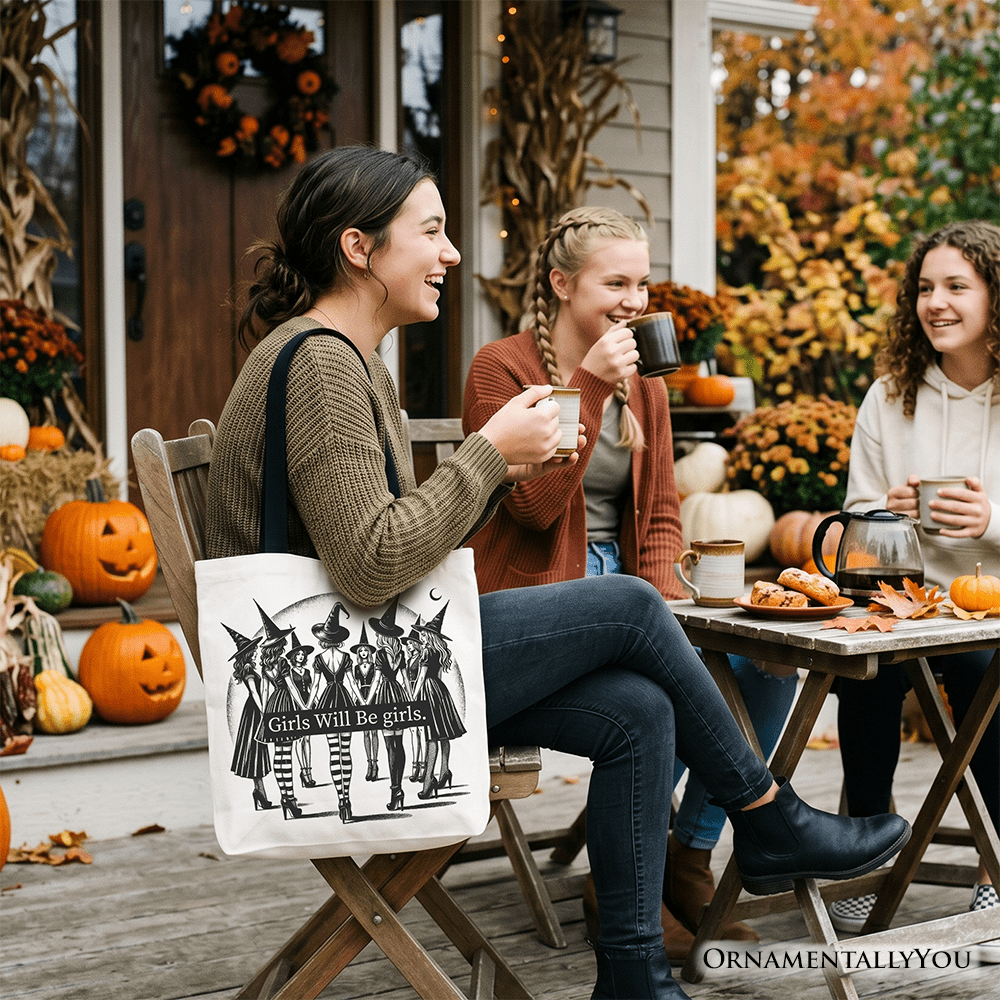 Girls Will Be Girls Tote Bag, Witchy Halloween Gift Shopper for Empowered Women - Starry Skies Austin