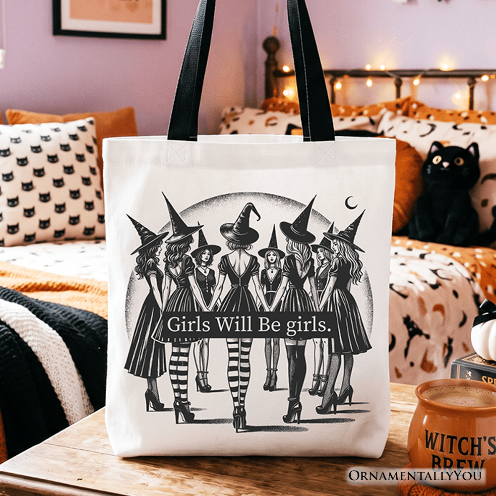Girls Will Be Girls Tote Bag, Witchy Halloween Gift Shopper for Empowered Women - Starry Skies Austin