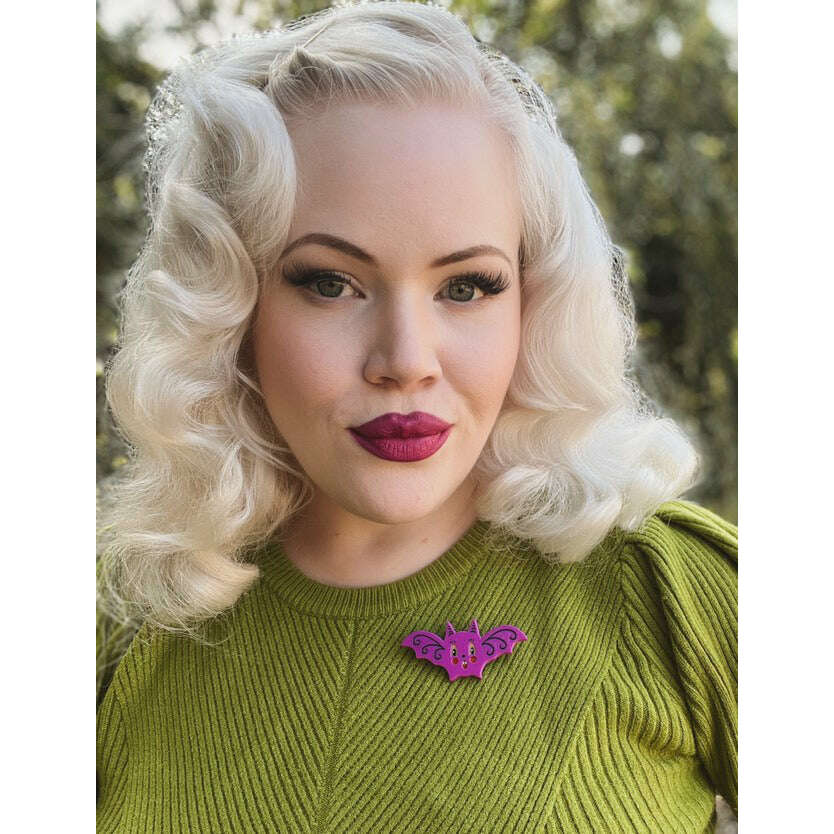 Gothic Glam Bat Scatter Pin PLUM by Johanna Parker x Lipstick & Chrome — Halloween Bat Acrylic Brooch - Starry Skies Austin