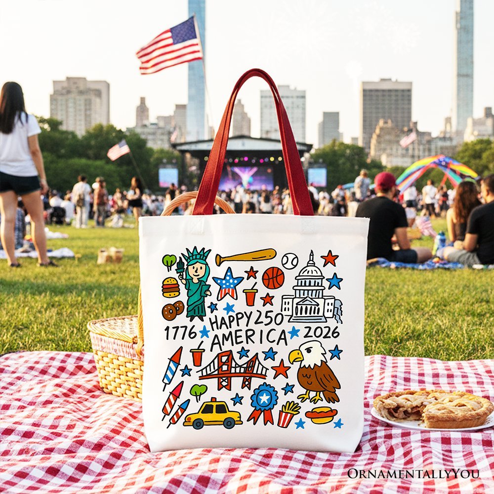 Happy 250 America Doodle Tote Bag, Patriotic USA 1776-2026 250th Anniversary Gift Shopper - Starry Skies Austin