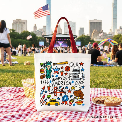 Happy 250 America Doodle Tote Bag, Patriotic USA 1776-2026 250th Anniversary Gift Shopper - Starry Skies Austin