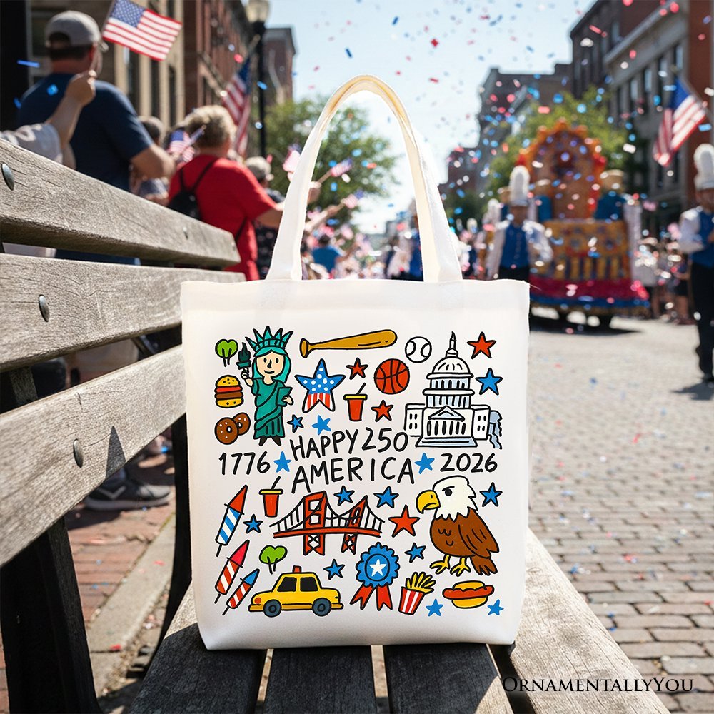Happy 250 America Doodle Tote Bag, Patriotic USA 1776-2026 250th Anniversary Gift Shopper - Starry Skies Austin