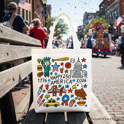 Happy 250 America Doodle Tote Bag, Patriotic USA 1776-2026 250th Anniversary Gift Shopper - Starry Skies Austin