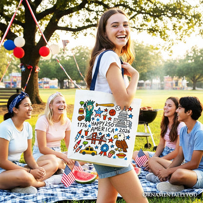 Happy 250 America Doodle Tote Bag, Patriotic USA 1776-2026 250th Anniversary Gift Shopper - Starry Skies Austin
