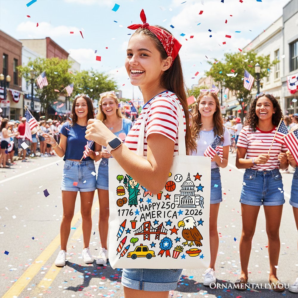 Happy 250 America Doodle Tote Bag, Patriotic USA 1776-2026 250th Anniversary Gift Shopper - Starry Skies Austin