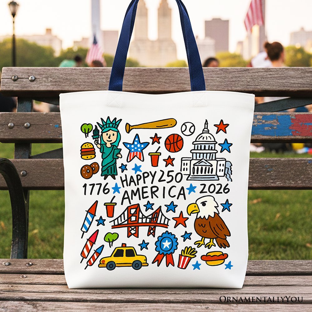 Happy 250 America Doodle Tote Bag, Patriotic USA 1776-2026 250th Anniversary Gift Shopper - Starry Skies Austin