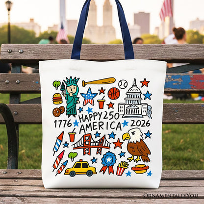 Happy 250 America Doodle Tote Bag, Patriotic USA 1776-2026 250th Anniversary Gift Shopper - Starry Skies Austin
