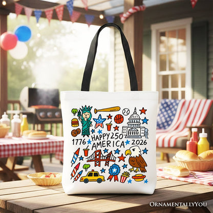 Happy 250 America Doodle Tote Bag, Patriotic USA 1776-2026 250th Anniversary Gift Shopper - Starry Skies Austin