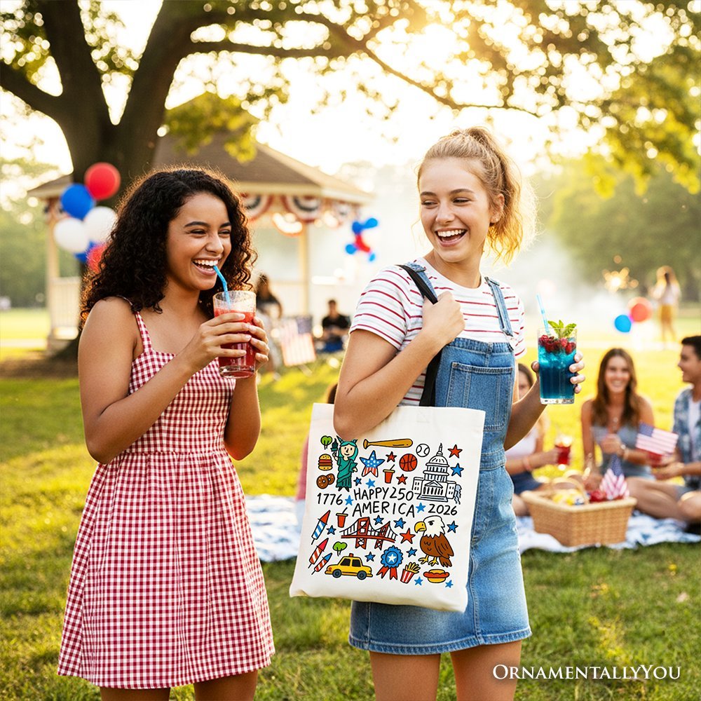 Happy 250 America Doodle Tote Bag, Patriotic USA 1776-2026 250th Anniversary Gift Shopper - Starry Skies Austin