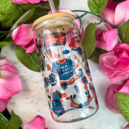Hockey Romance Era Clear Glass Cup with Bamboo Lid & Straw - Starry Skies Austin