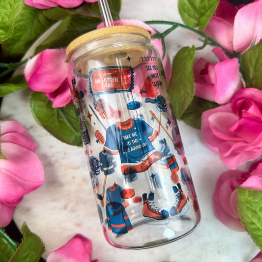 Hockey Romance Era Clear Glass Cup with Bamboo Lid & Straw - Starry Skies Austin