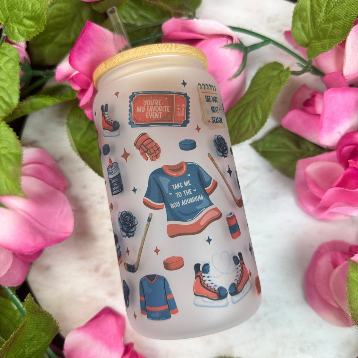 Hockey Romance Era Frosted Glass Cup with Bamboo Lid & Straw - Starry Skies Austin