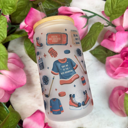 Hockey Romance Era Frosted Glass Cup with Bamboo Lid & Straw - Starry Skies Austin