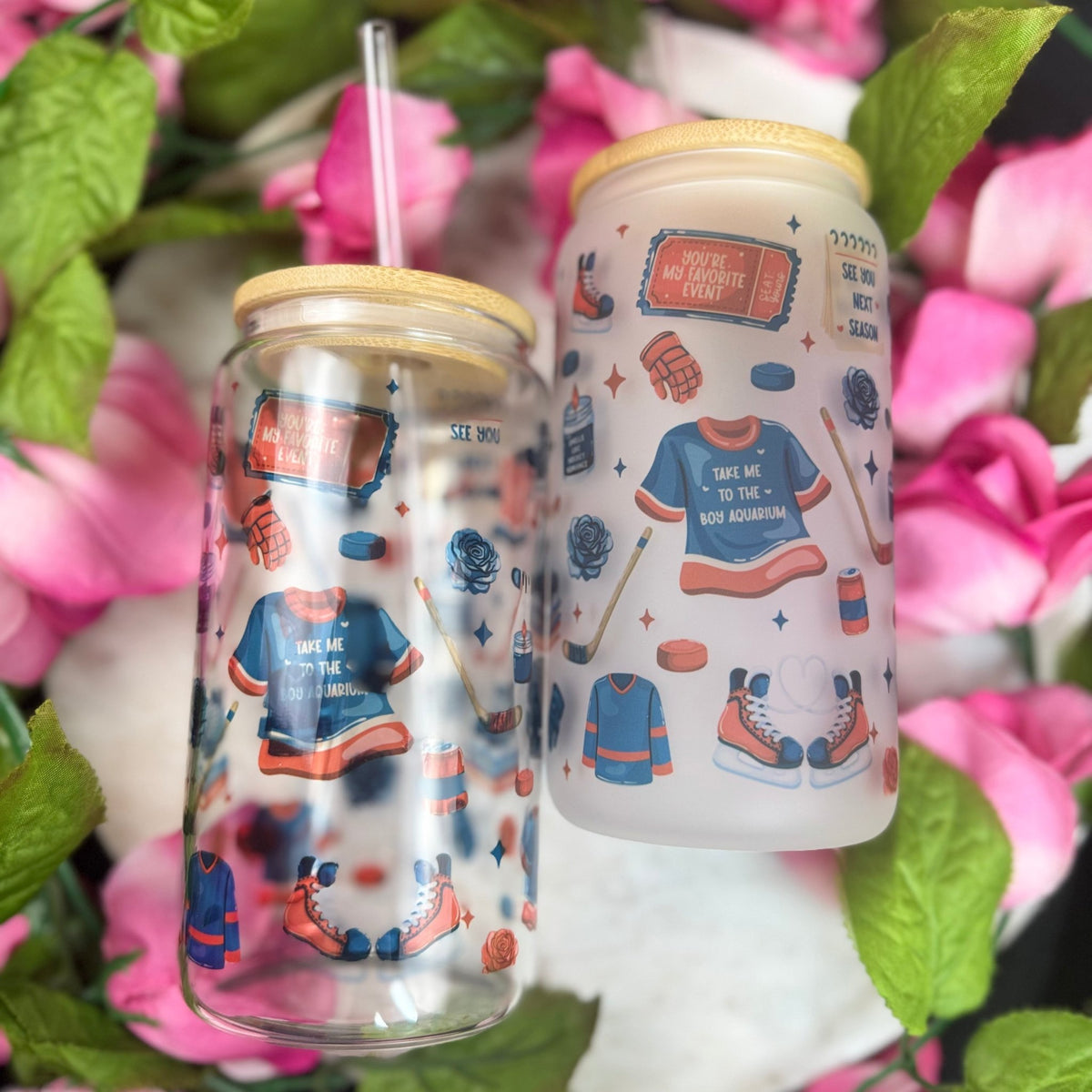 Hockey Romance Era Frosted Glass Cup with Bamboo Lid & Straw - Starry Skies Austin